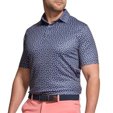 Greg Norman Men's Navy Blue with Allover Print Performance Golf Polo - Size: XL
