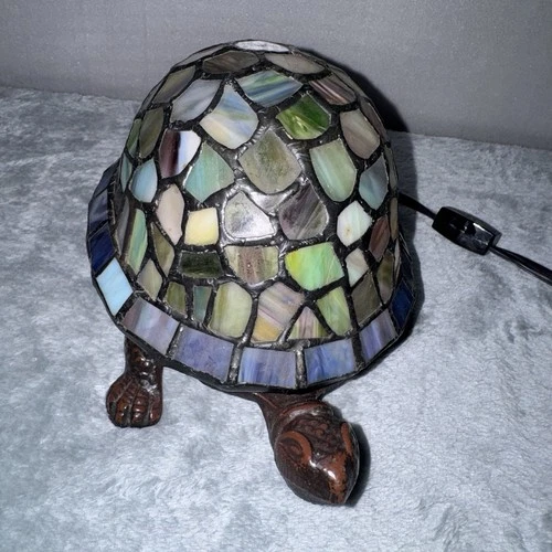 Vintage Cast Iron Tiffany Style Stained Glass Turtle Lamp Night Light Accent