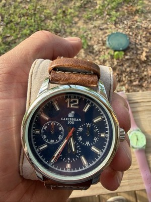 Caribbean Joe Watch Mens 42mm Blue Dial Brown Leather Strap CJ7040