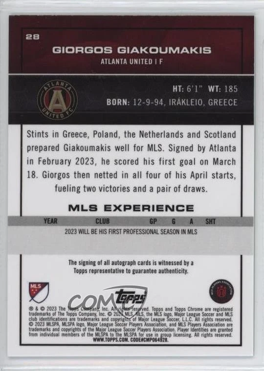 2023 Chrome MLS Neon Green Refractor /99 Giorgos Giakoumakis #28 Rookie Auto RC - Image 2 of 2