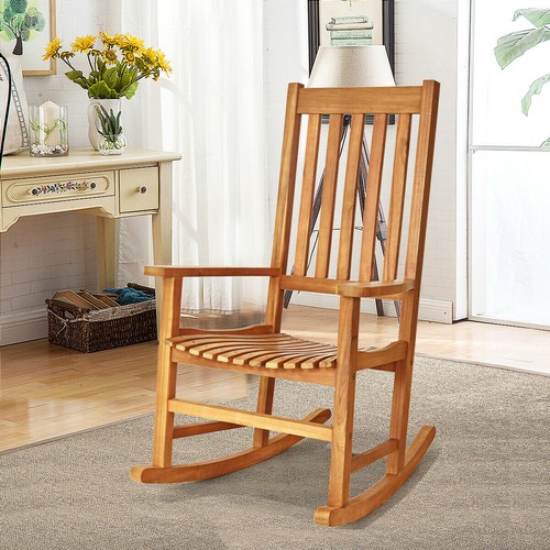 Wooden Rocking Chair Porch Rocker High Back Garden Seat For Indoor Outdoor Teak - Picture 3 of 10