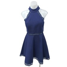 Lulus Reach Out My Hand Navy Lace Sleeveless Halter Mini Fit & Flare Dress Sz S