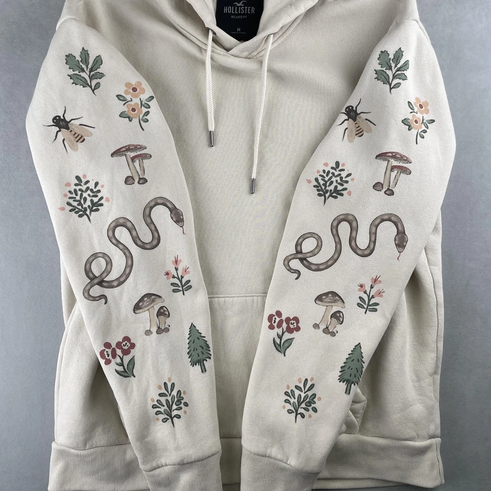 Hollister Sudadera con Capucha Mujer M Crema Calce Relajado Serpiente Floral Naturaleza Gráfico Pullover Foto 3 de 4