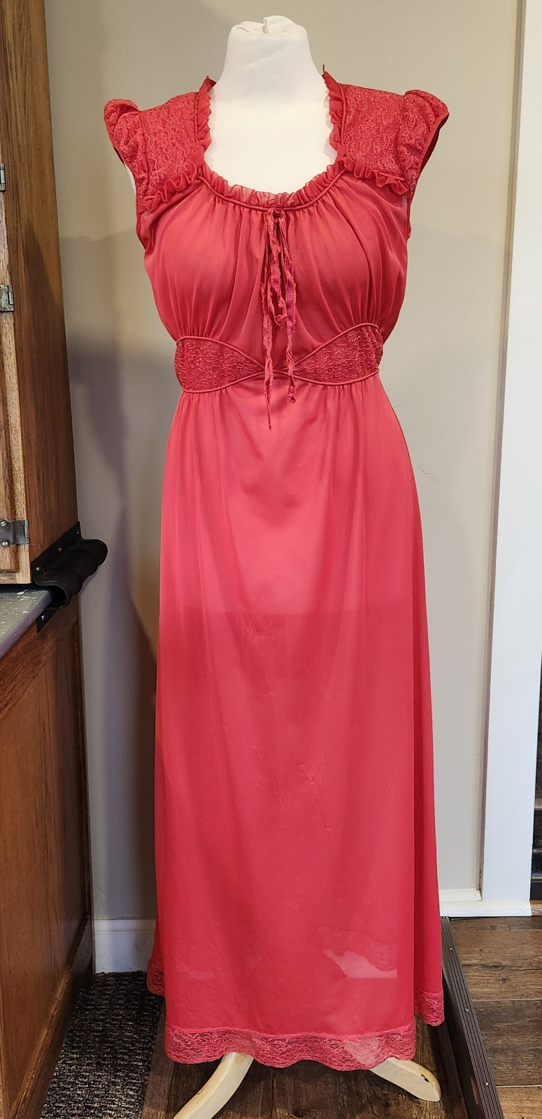 Vtg Carol Brent Red Nylon Semi Sheer Nightgown Size 36 Long Lace Sleeveless 