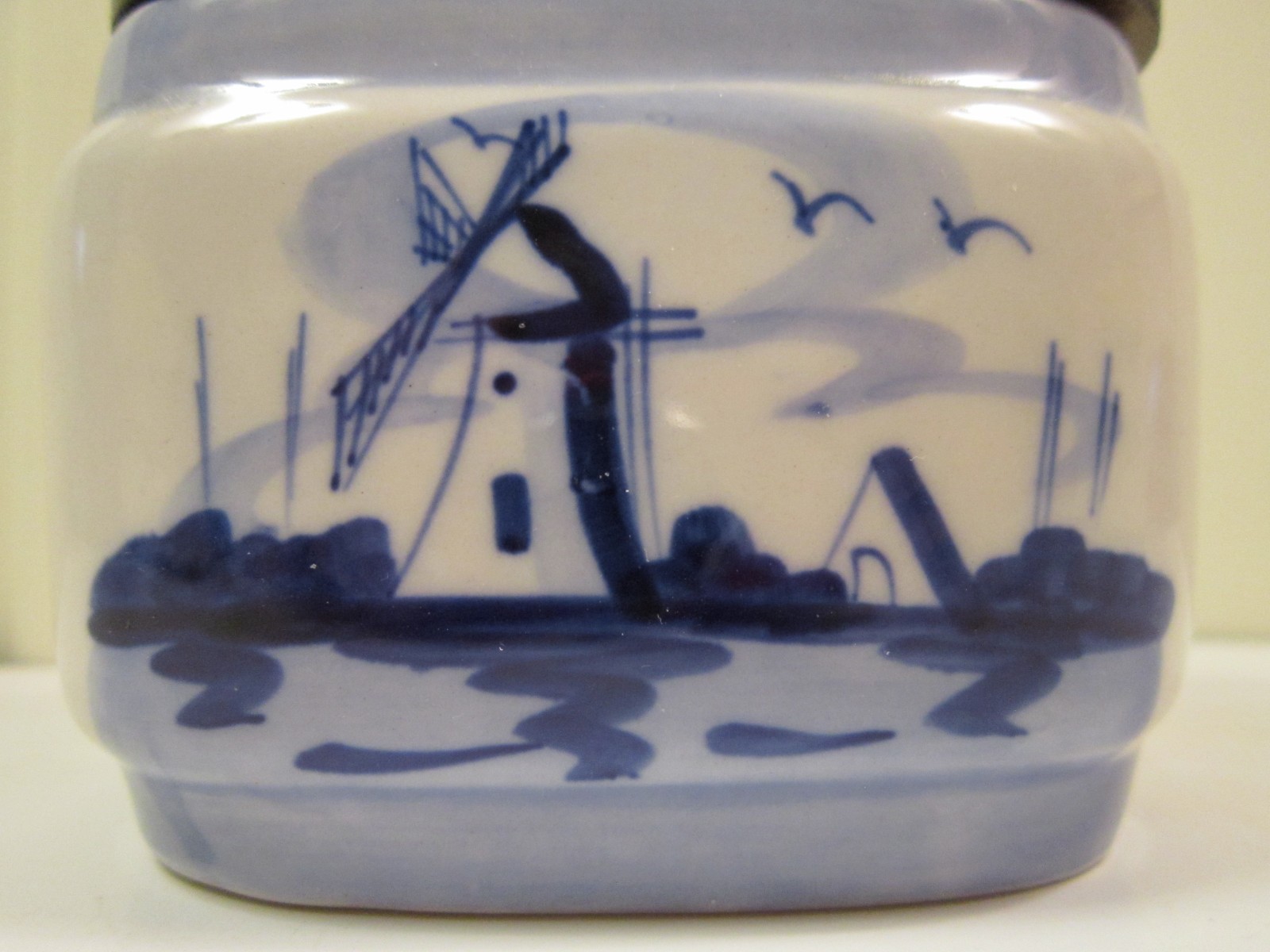 Salt Cellar, Royal Delft, Vintage, Used, Hand Painted, Wooden Lid, 4"x5"x3".