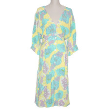Faithfull The Brand Women's Midi Dress Size UK 12 Floral Puff Sleeve Yellow Blue