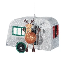 Vintage Inspired Glittery Holiday RV Trailer Reindeer Christmas Ornament