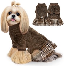 Adorable Winter Dog Sweater Dress with Plaid Skirt & Bowtie, Warm Fleece Outfit