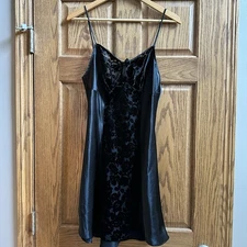 Vtg 90s Black Satin Slip Dress Velvet Burnout Front Whimsigoth Medium Sostanza