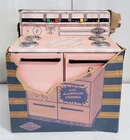 D-958 VINTAGE 1950S WOLVERINE PINK TIN LITHO TOY STOVE IN PARTS OF ORIGINAL BOX!