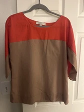 LOFT Colorblock Blouse Women’s Medium Red & Tan 3/4 Sleeve Lightweight Top