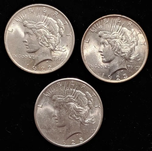 1922, 1923, 1925: Lot of 3-Peace Silver Dollars BU: 2.32 ounces of Silver