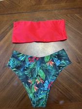 Women's 2-Piece Bathing Suit Bikini Top and Bottom, Size L Red/green Tropical