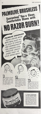 1944 Palmolive Brushless Shave Razor Burn Cream Olive Oil Clean VTG Print Ad