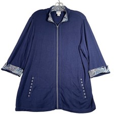 Weekends by Chicos Womens Zip Up Jacket Size 2/L Navy Blue Zebra Trim Mid Length