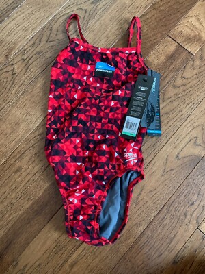 Speedo Performance RaceIII Red Swim suit Flyback Female Youth 8/24 NEW with Tags