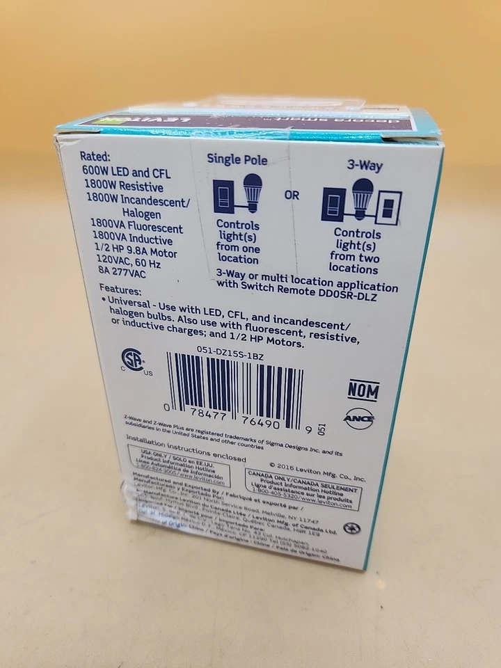 Leviton DZ15S Z Wave Plus настенный выключатель однополюсный 3-полосный светодиодный компакт-диск новый - Изображение 3 из 3