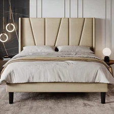 Queen Size Platform Bed Frame with Geometric Headboard and Wingback,Beige