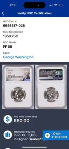 1959 25c ngc us coins PF 68