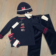 NWT Janie and Jack boy WINTER HOLDAY navy pants train sock hat 4-piece SET 18 24