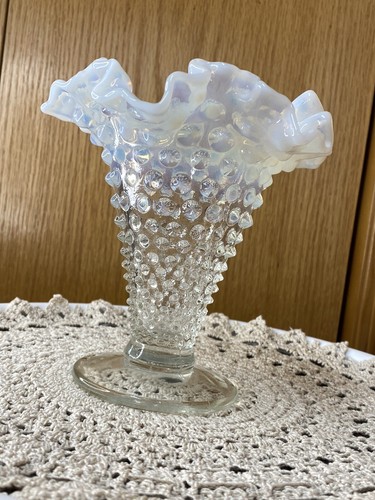 Fenton Art Glass Moonstone Vase ~ French White Opalescent Hobnail Ruffled Vase - Picture 3 of 8