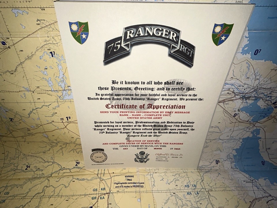 U.S. ARMY 75 RANGERS - 75TH RANGER REGIMENT / CERTIFICATE OF ...