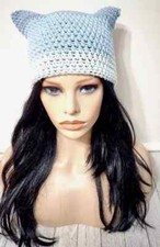 crochet womans handmade hat kitty cat ears beanie soft blue tones new