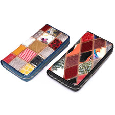 Bunte Patchwork-Echtleder Damen Langbörse Große Kapazität Clutch