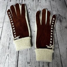 Vintage Aris Women Gloves Brown Cream Knit Suede 80  s Acrylic Nylon