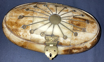 Vintage 1970 s Camel Bone/Inlaid Brass -Hinged Oval Trinket Box With Owl Latch