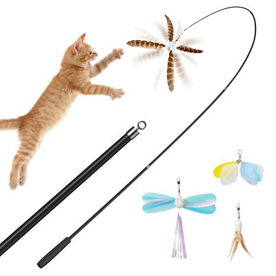 Natural Feather Cat Toys for Indoor Cats Retractable Cat Wand 60inch Safe Hun...