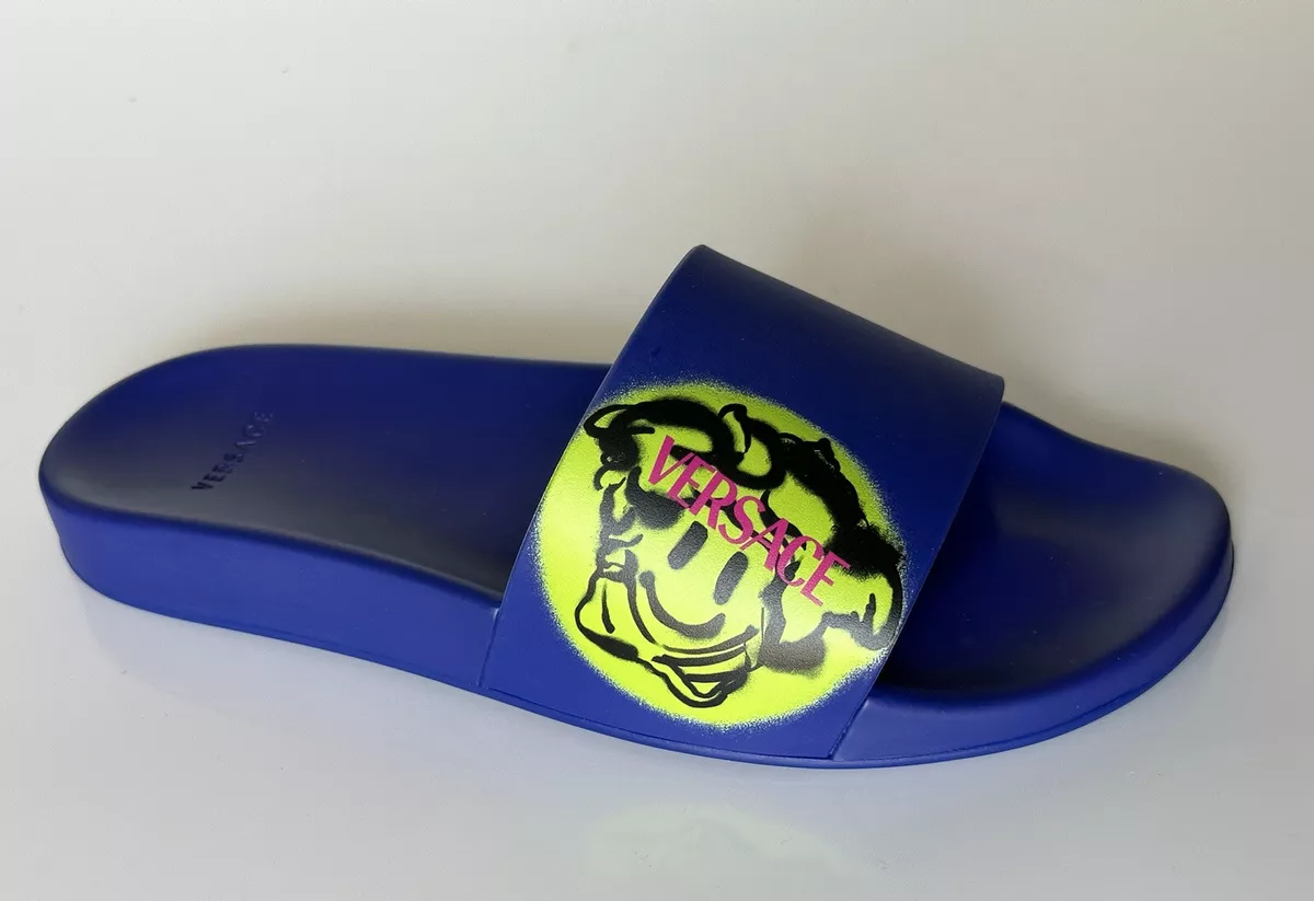 NIB 450 Versace Smiley Medusa Slides Sandals Blue Lime 14 US 47