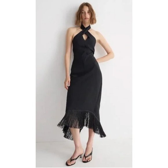 NWT J. CREW Collection Halter Neck Fringe Hem Dress Black Crepe, Size 22 |  eBay