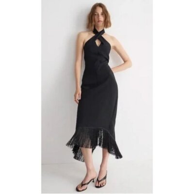 NWT J. CREW Collection Halter Neck Fringe Hem Dress Black Crepe, Size 22 |  eBay