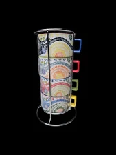 Paisley Stackable Mugs w/Stand~Pier 2~Hand Painted~Multicolored Coffee/Tea Cups