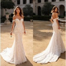Elegant Off The Shoulder Lace Mermaid Wedding Dresses Tulle Applique Bridal Gown