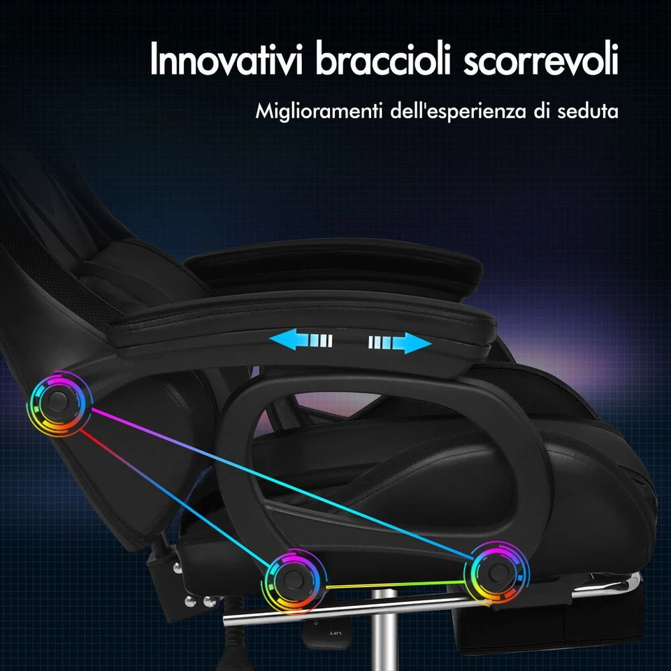 ALFORDSON Sedia Gaming con 12 Colori LED Massaggio Sedia Ufficio Nero - Immagine 4 di 4