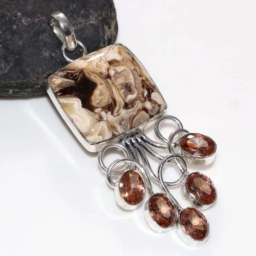 Exclusive Rock Fossil Morganite 925 Silver Plated Pendant 2.8" Fashion Sale GW