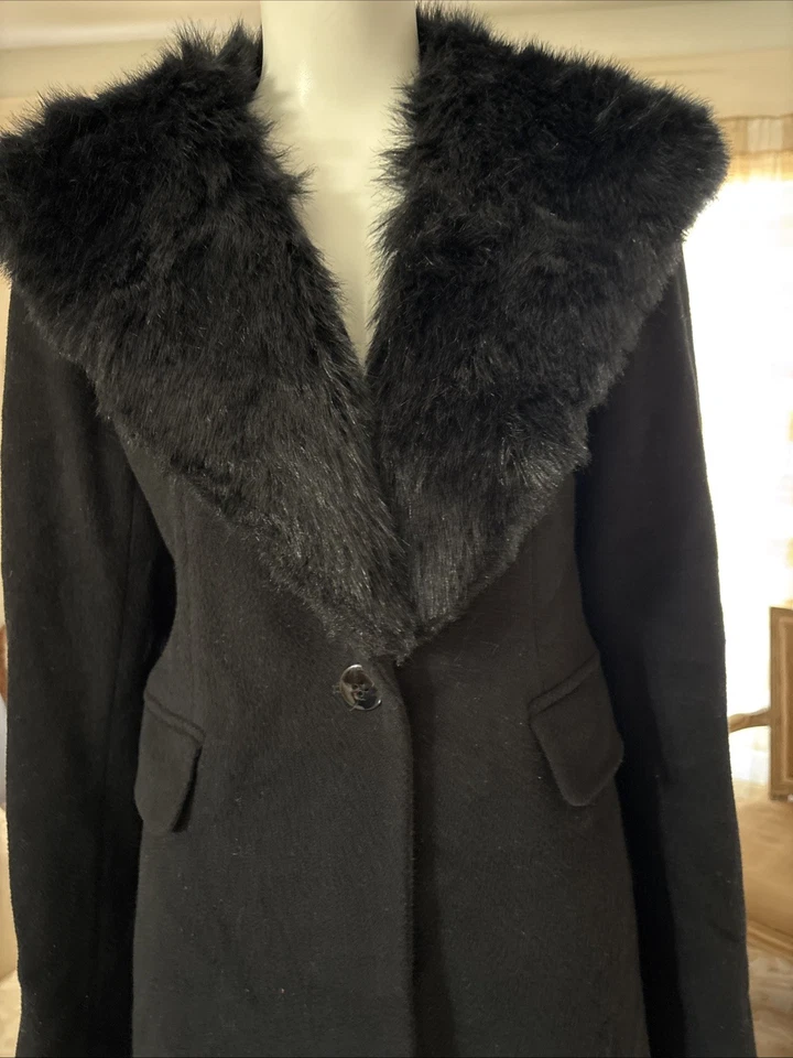 复古 Express Maxi 黑色羊毛大衣人造毛皮领连帽口袋内衬 S 码 — 第 2/4 张图片