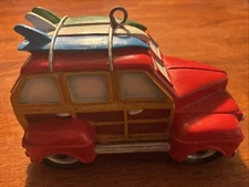 VTG Woody Station Wagon Bird House Hand Painted Red & Tan With Surf Boards