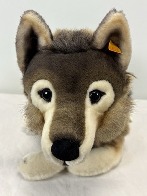 Steiff Snorry Dangling wolf plush stuffed animal grey Brown 16  Button Ear NEW