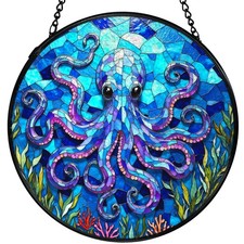 Ocean Beach Octopus Suncatchers Stained Glass Window Decor, 7.9in Round