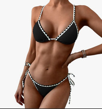 ZAFUL Women's Triangle Bikini Tie Side Whip Stitch String Bikini Two Piece M