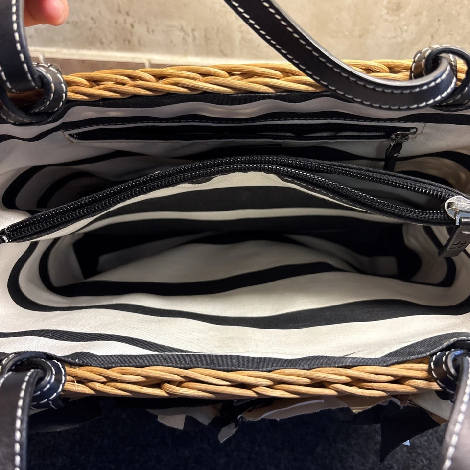 Bolso de Mano Kate Spade Vintage Flor de Mimbre Raro Cesta de Paja Negro/Crema Flores Foto 4 de 4