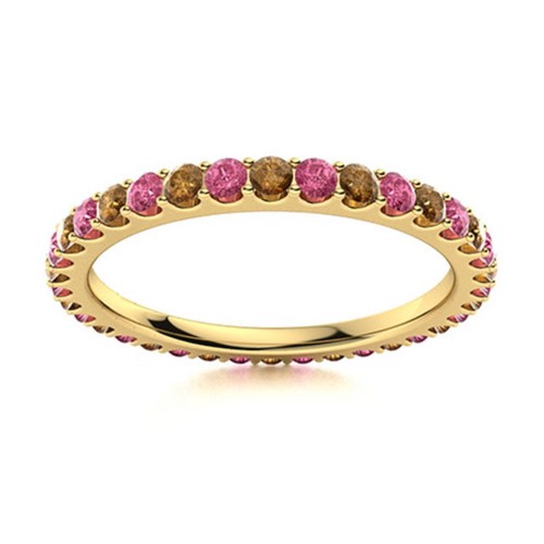 Round Pink Topaz & Smoky Quartz 925 Sterling Silver Gold Plated Eternity Ring