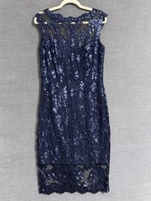 Tadashi Shoji Dress 10 Navy Blue Sequin Illusion Sheath Cocktail Formal Evening