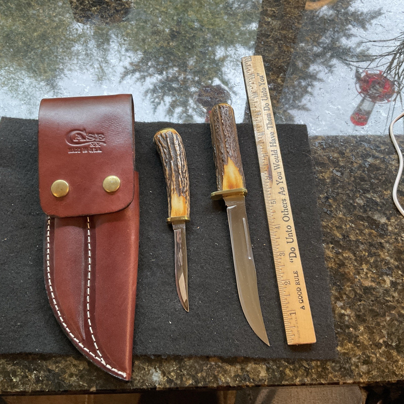 Rare Vintage Case XX Stag Handle Twin Finn Knife Set & Sheath 1984 Exc.+++++