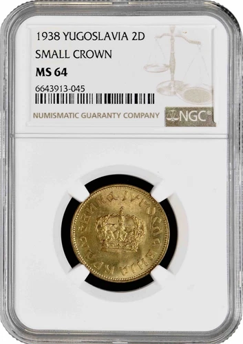 Yugoslavia 2 dinara 1938, NGC MS64 SMALL CROWN, "King Peter II (1934 - 1945)"