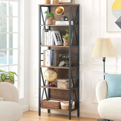 Rustic 6-Tier Tall Bookshelf, Industrial Open Bookcase for Home & Office
