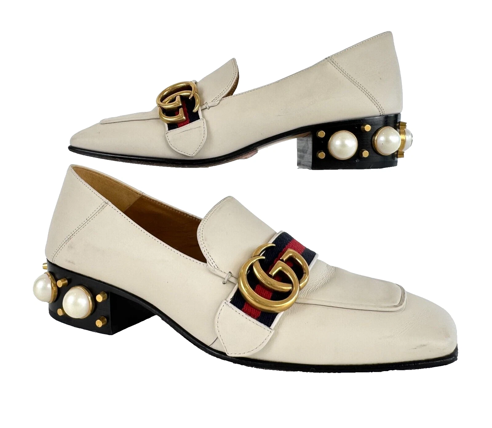 Chaussures mocassins Gucci Auth 6,5 US 36,5 EU ivoire talon perlé cuir or GG Marmont